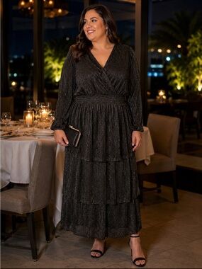 Polagram Black Metallic V-Neck Tiered Midi Dress